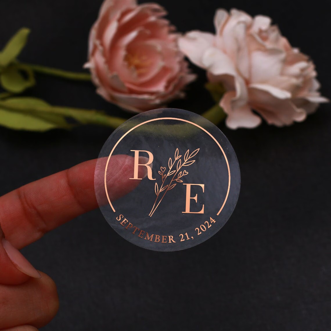 Wedding Envelopes - Transparente Botanische Hochzeitsaufkleber, Personalisierte Folien-Umschlagversiegelungen, Monogramm-Goldfolien-Hochzeits-Etiketten