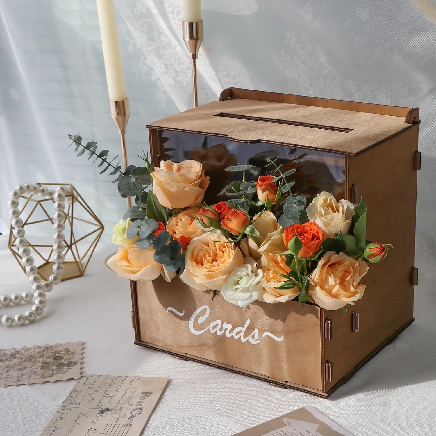 Wedding Card Box - Hochzeitskartenbox aus Holz mit Blumentrog, braune