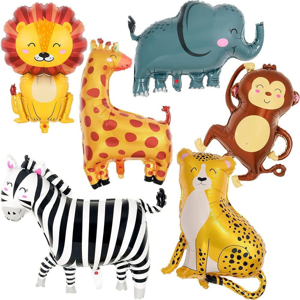 Wedding Zoo - 6-teilige Dschungel-Wildtier-Aluminiumfolienballons, riesige Zootierballons, Zebra-Elefant, Affe,